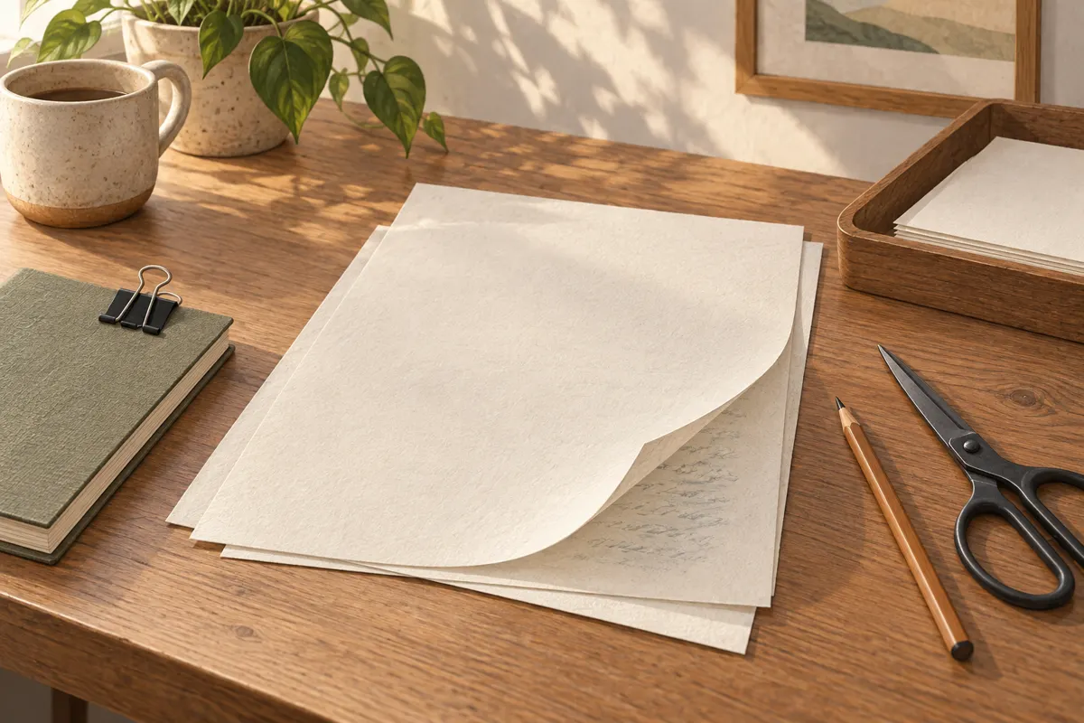 Kartki przygotowane do ponownego użycia, notes z klipsem i przybory na biurku