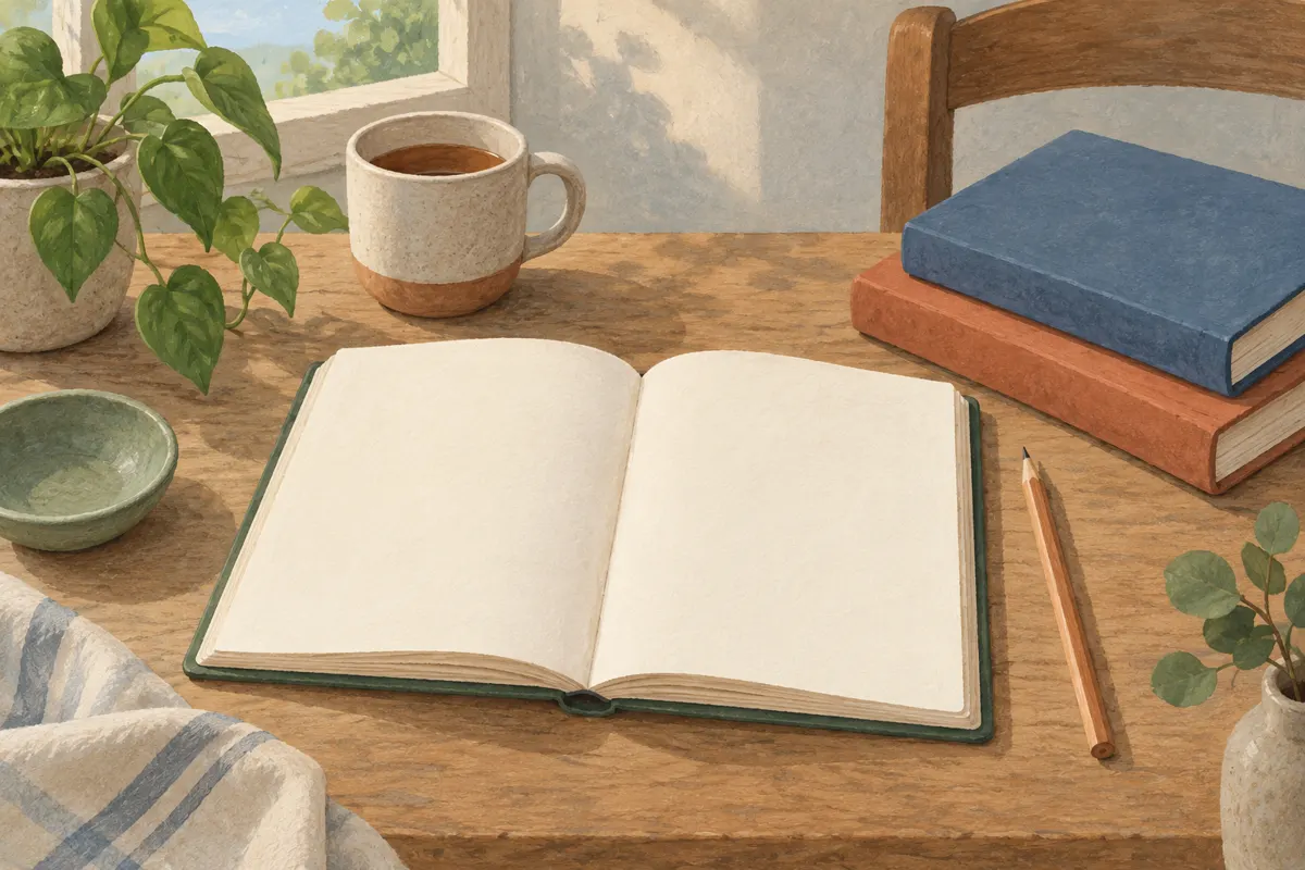 Ilustracja otwartego notesu, ołówka i książek do prowadzenia dziennika lektur