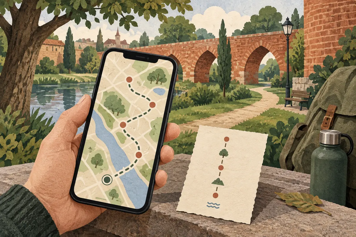 Ilustracja telefonu z mapą spaceru i zaznaczonymi punktami na tle umownej ceglanej architektury oraz zieleni.