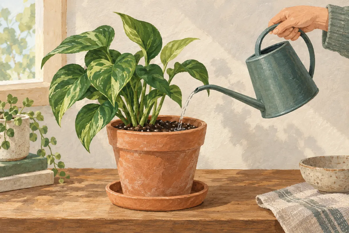 Ilustracja spokojnego podlewania rośliny w doniczce z miejscem na wodę pod brzegiem.